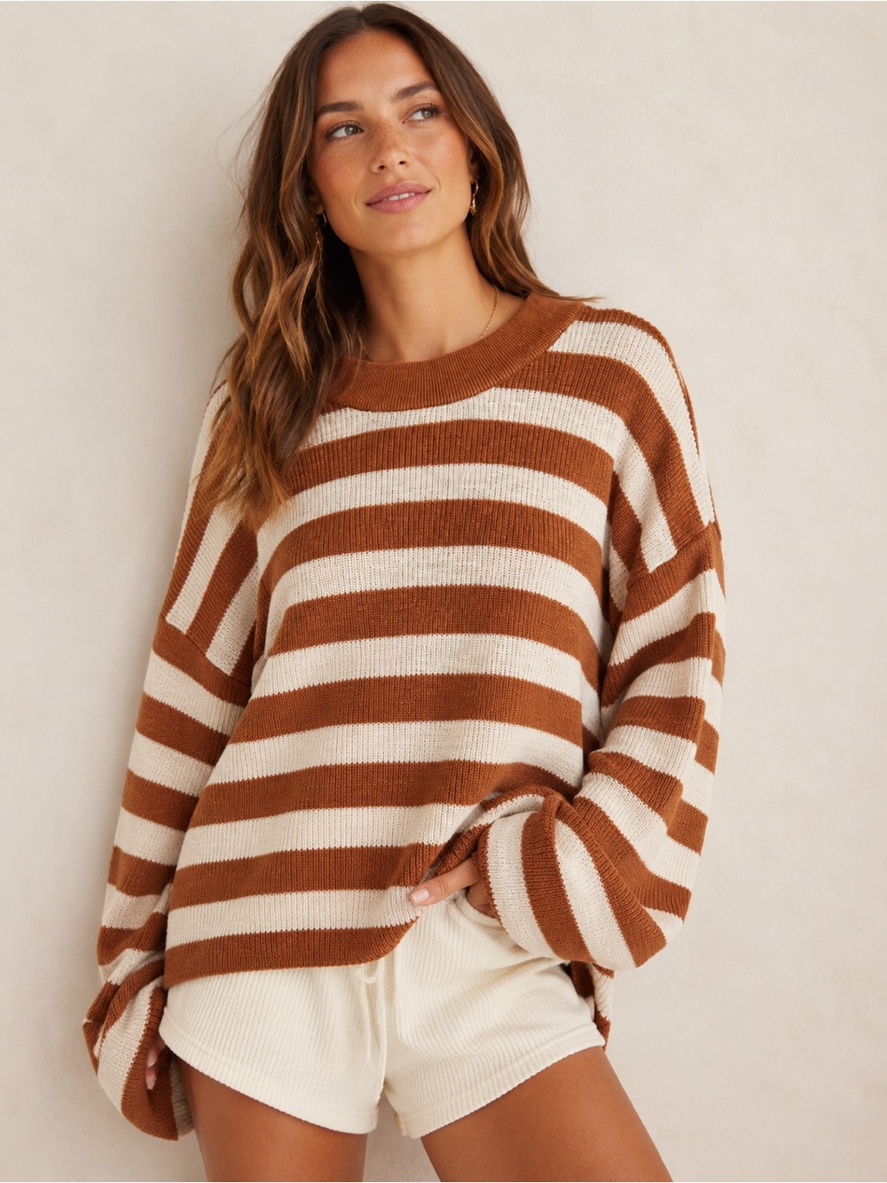Free People Beach Oversized Striped Sweater Rust Cream Size S